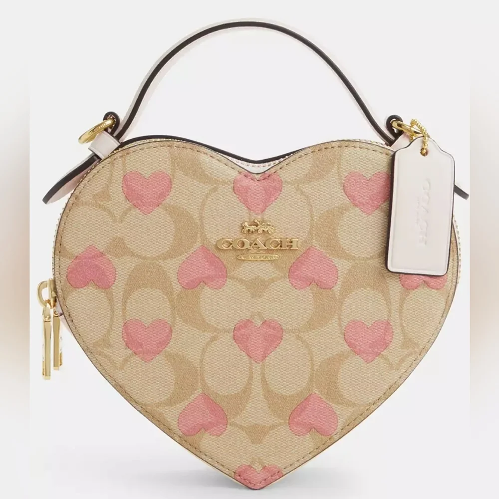 Coach Heart Crossbody In Signature Canvas With Heart Print Khaki Pink - Picture 2 of 7